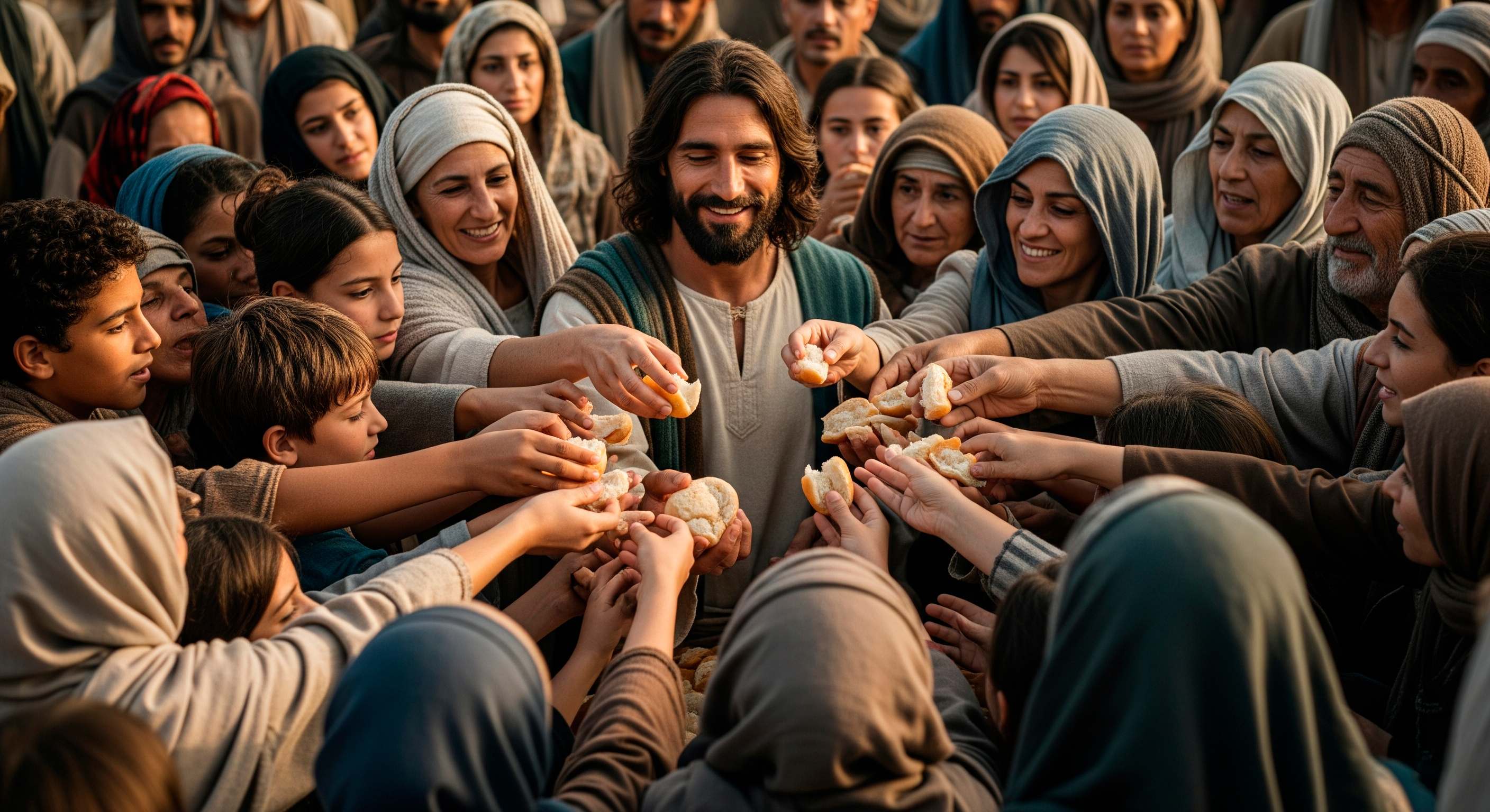 Jesus sorrindo no meio de uma multidão enquanto multiplica e distribui pães.