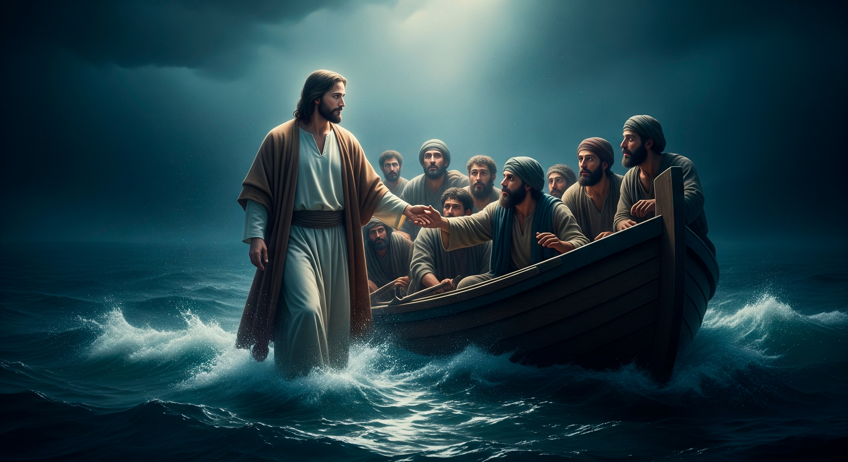 Jesus sorrindo no meio de uma multidão enquanto multiplica e distribui pães.