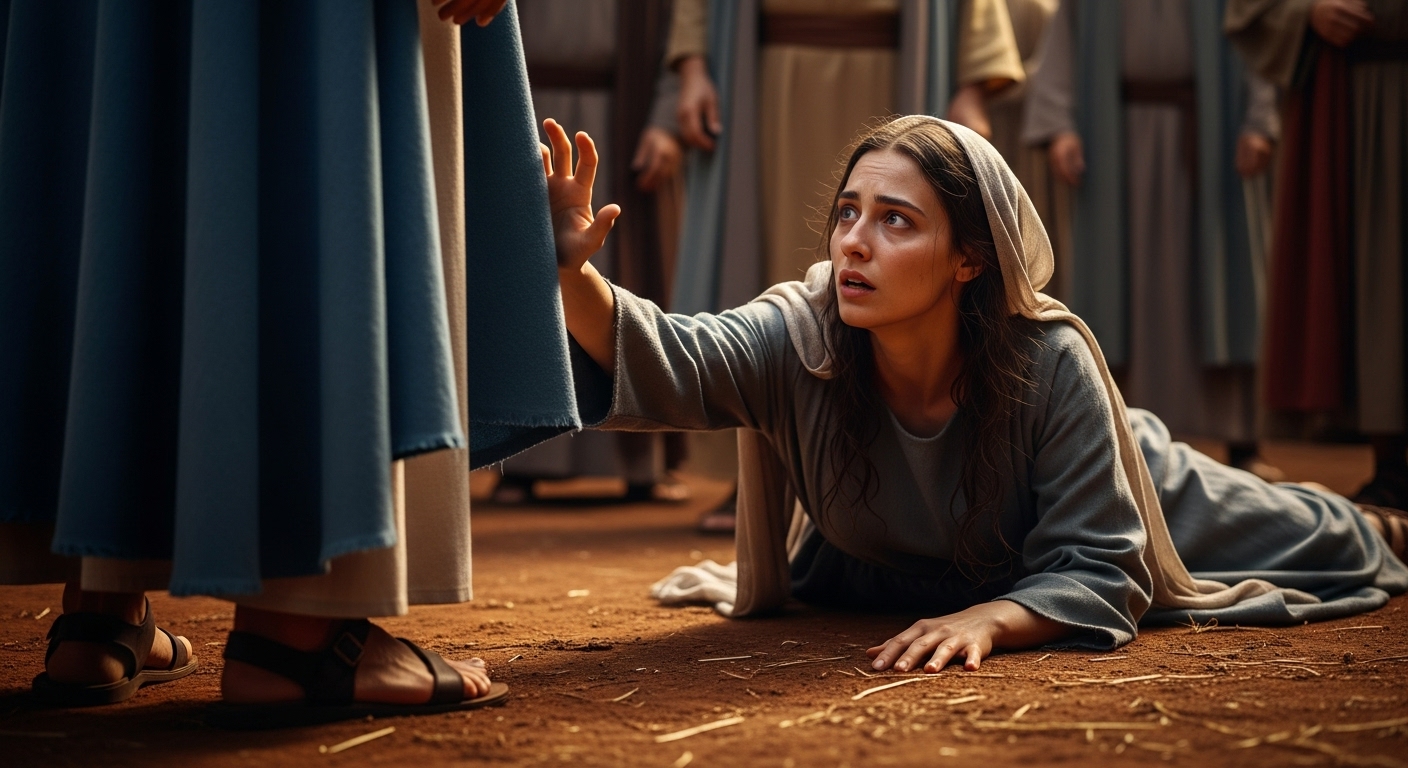 Jesus stands among a group of people while a woman kneels on the ground, reaching out her hand toward him with an expression of hope and faith. Onlookers watch with curiosity and compassion. The setting evokes a biblical scene with warm, gentle lighting and earthy tones. The emotional tone is empathetic, focused on healing and spiritual connection. Text in the image reads: Ninguém é uma Ilha - A Cura Pela Fé e o Cuidado Divino.