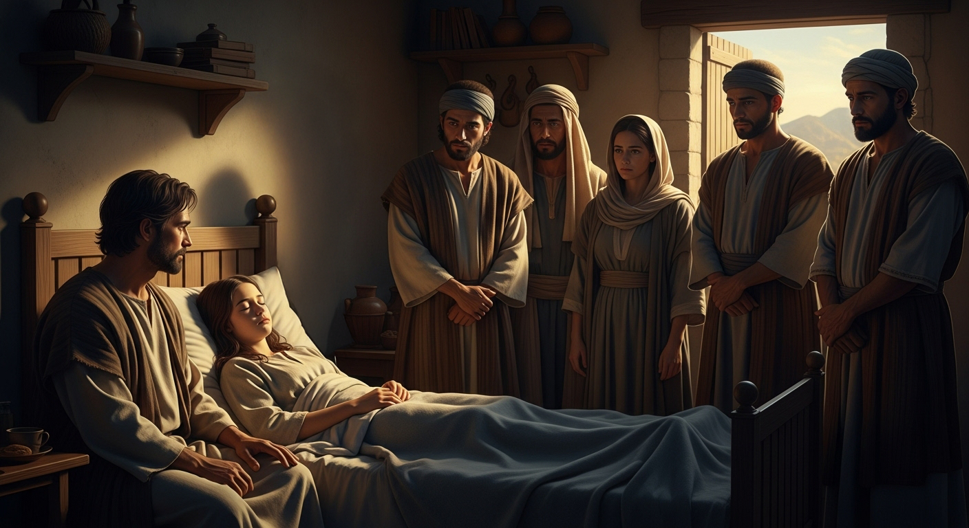 Jesus segura a mão de uma menina deitada, transmitindo esperança e milagre, enquanto familiares observam emocionados.